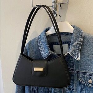 Shein Black Metal Decor Baguette Bag Solid Color Fashionable Minimalist